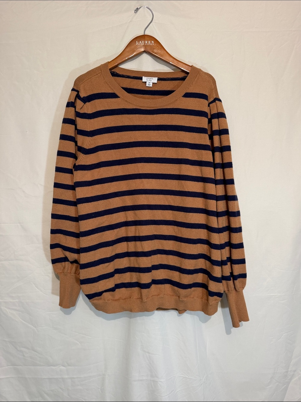 crown & ivy Camel and Navy Striped Scoopneck Sweater